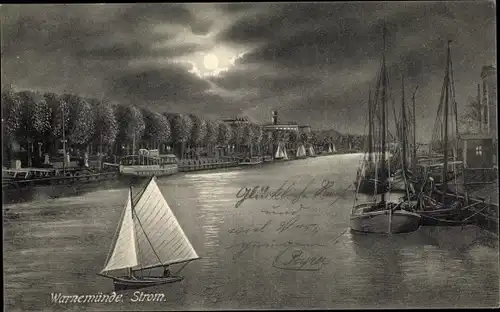 Mondschein Ak Ostseebad Warnemünde Rostock, Am Strom