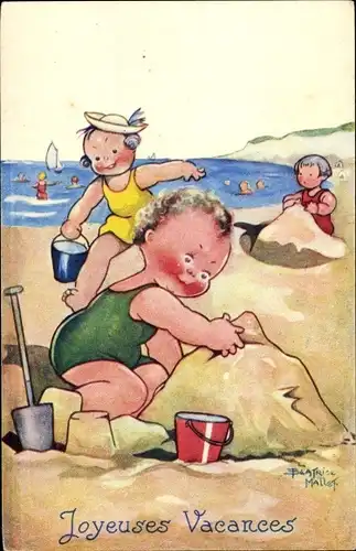 Künstler Ak Mallet, Beatrice, Joyeuses Vacances, Kinder am Strand
