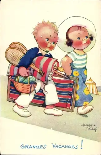 Künstler Ak Mallet, Beatrice, Grandes Vacances, Junge trägt Gepäck, Tennisschläger