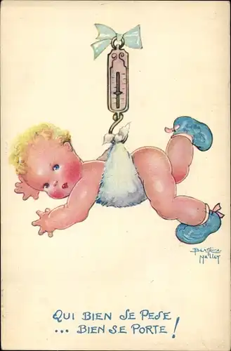Künstler Ak Mallet, Beatrice, Bebe, qui bien se pese, bien se porte, Baby hängt an der Waage