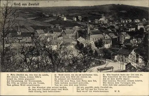 Ak Zweifall Stolberg im Rheinland, Panorama, Kirche, Straßenbahn, Liedtext