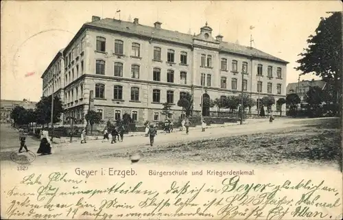 Ak Geyer im Erzgebirge Sachsen, Bürgerschule, Kriegerdenkmal