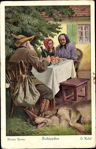Künstler Ak Kubel, Otto, Rotkäppchen und der böse Wolf, Brüder Grimm, Jäger