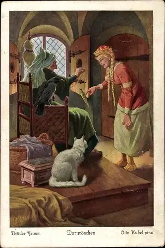 Künstler Ak Kubel, Otto, Märchen, Brüder Grimm, Dornröschen, Hexe, Spindel, Katze