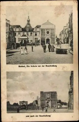 Ak Rethel Ardennes, Schule vor und nach der Beschießung, Kriegszerstörung 1. WK