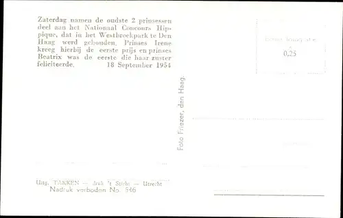 Ak Den Haag Südholland, Prinzessin Beatrix der Niederlande, Nationaal Concours Hippique 1954