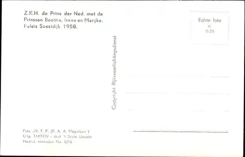 Ak Prinz Bernhard der Niederlande, Prinzessinnen Beatrix, Irene, Marijke, 1958