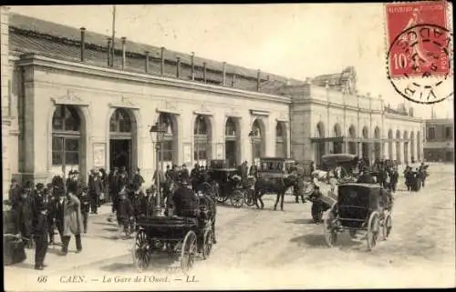 Ak Caen Calvados, La Gare de L'Ouest, Bahnhof, Kutschen
