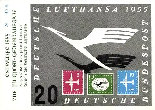 Briefmarken Ak Flugpost Gedenkausgabe No. 4999, Deutsche Lufthansa 1955
