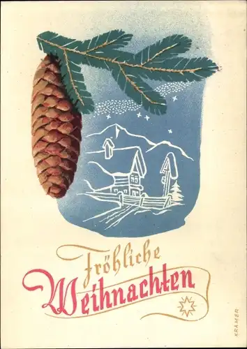 Künstler Ak Kramer, Glückwunsch Weihnachten, Tannenzweig mit Zapfen, Winterlandschaft