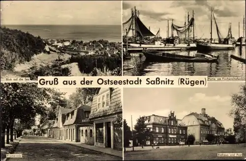 Ak Sassnitz auf der Insel Rügen, Fischereihafen, Rathaus u. Post, Promenade, Blick auf die See