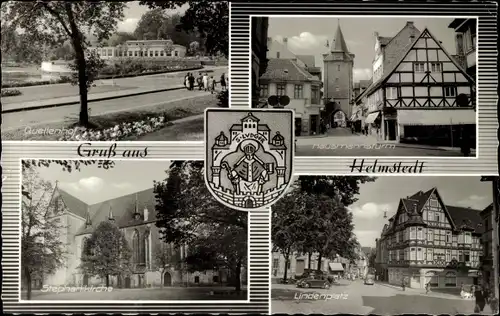 Ak Helmstedt in Niedersachsen, Quellenhof, Hausmannsturm, Lindenplatz, Stephanskirche, Wappen