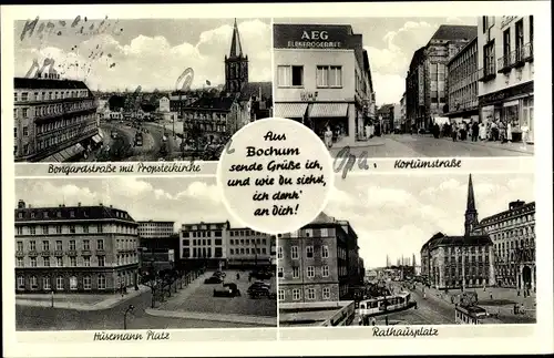 Ak Bochum im Ruhrgebiet, Husemann Platz, Rathaus Platz, Kortumstraße, Probsteikirche, AEG