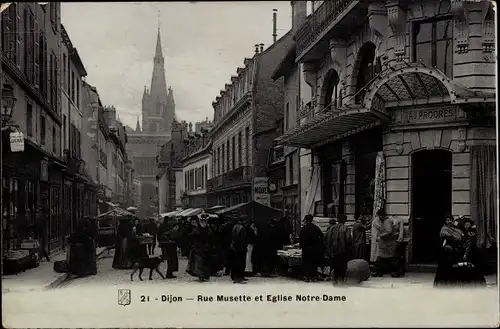 Ak Dijon Côte d'Or, Rue Musette et Eglise Notre Dame