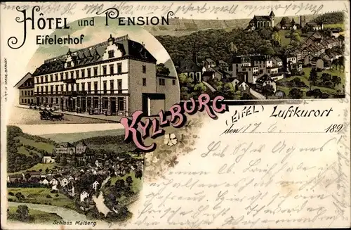 Litho Kyllburg in der Eifel, Hotel und Pension Eifeler Hof, Schloss Malberg