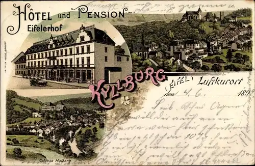 Litho Kyllburg in der Eifel, Hotel und Pension Eifeler Hof, Schloss Malberg