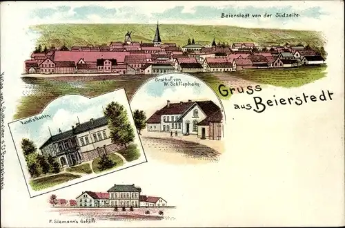 Litho Beierstedt Niedersachsen, Vasel's Garten, Gasthof W. Schliephake, Gehöft F. Siemann