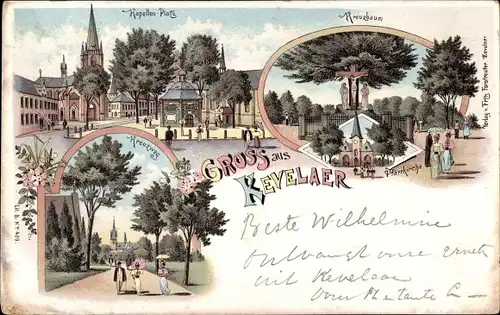 Litho Kevelaer am Niederrhein, Pfarrkirche, Kreuzbaum, Kapellenplatz, Kreuzweg