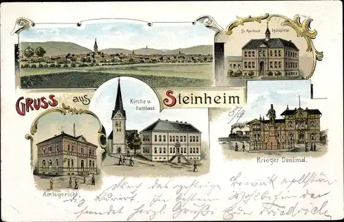 Litho Steinheim in Westfalen, Totalansicht, St. Rochus Hospital, Kriegerdenkmal, Kirche, Amtsgericht