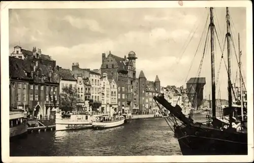 Ak Gdańsk Danzig, Lange Brücke, Mottlau, Krantor, Sternwarte