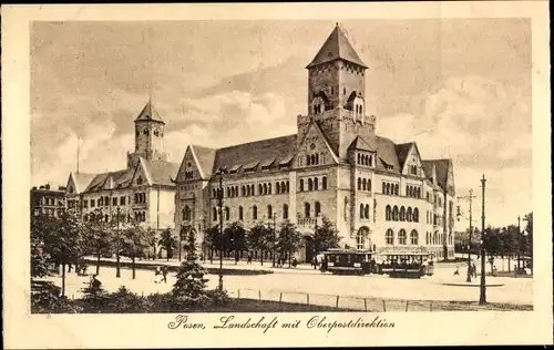 Ak Poznań Posen, Landschaft mit Oberpostdirektion, Straßenbahn