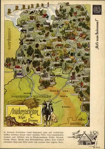 Stundenplan Reklame Brunnen Zeichenblock Schulblock, Landkarte Niedersachsen West & Bremen um 1960