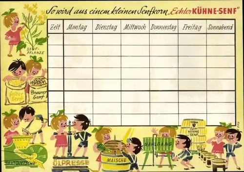 Stundenplan Reklame Kühne-Senf, Essig, Verpackungen, Stammhaus Berlin um 1960