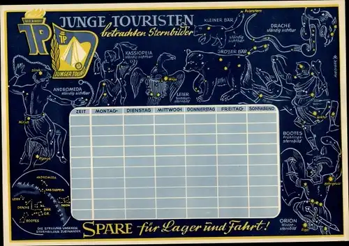 Stundenplan DDR Sparkasse, JP Junge Touristen betrachten Sternbilder, Sternzeichen um 1960