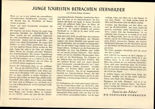 Stundenplan DDR Sparkasse, JP Junge Touristen betrachten Sternbilder, Sternzeichen um 1960