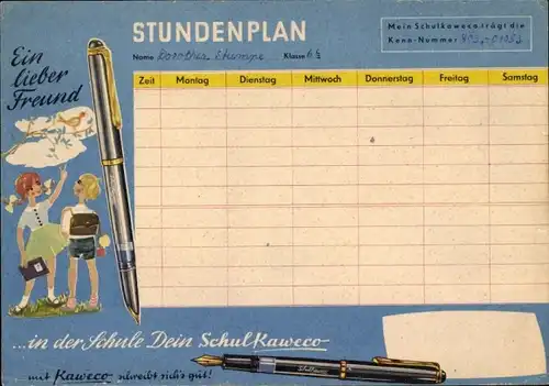 Stundenplan Reklame Schul Kaweco Füller, Vögel Meise Fink Schwalbe um 1960