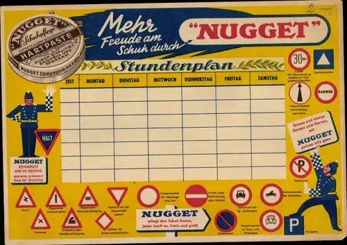 Stundenplan Reklame Nugget Schuhpflege, Schuhcreme Blechdose, Verkehrszeichen, Einmaleins um 1950