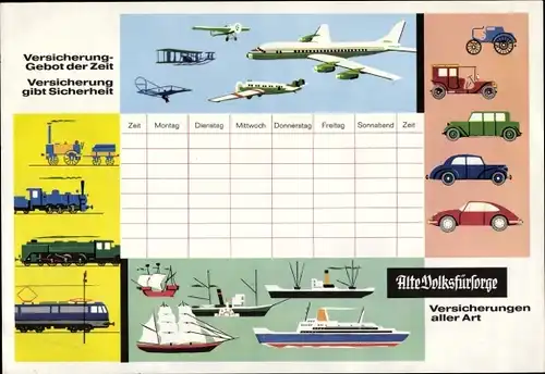 Stundenplan Versicherung Alte Volksfürsorge, Flugzeuge Autos Eisenbahn Schiffe um 1960