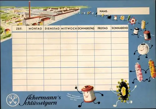 Stundenplan Reklame Zwirnerei Ackermann AG Heilbronn Sontheim, Schlüsselgarn, Fabrikansicht um 1950