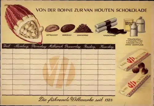 Stundenplan Reklame Van Houten Kakao, Schokolade, Weltmarke seit 1828
