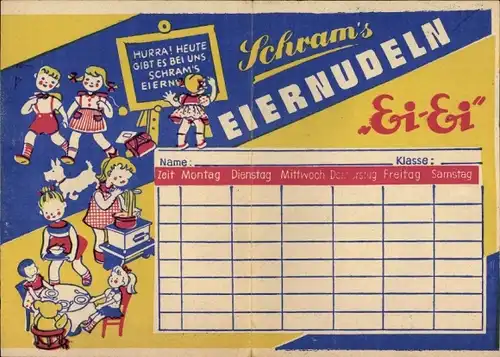 Stundenplan Reklame Schram's Eiernudeln, Ei-Ei, Einmaleins, Kinder in der Küche, Gutscheine