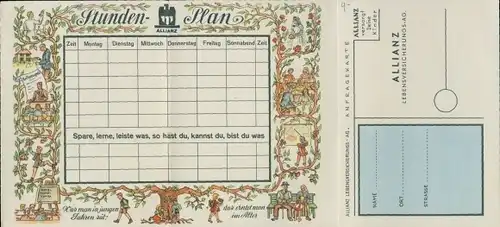 Stundenplan (aufklappbar) Allianz Versicherung, Lebensversicherung, Anfragekarte um 1960