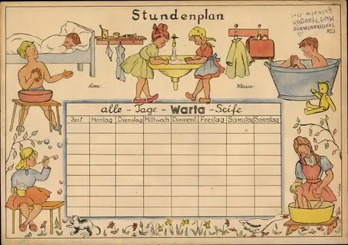 Stundenplan Warta Seife, Kinder, Waschen, Künstler Wiebe, um 1950