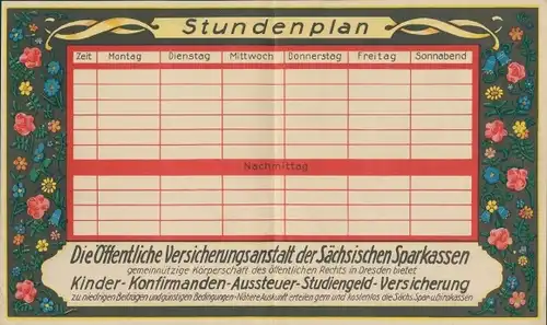 Stundenplan (faltbar) Versicherungsanstalt der Sächsischen Sparkasse, Schulzeugnis um 1930