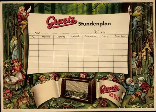 Stundenplan Reklame Graetz Radio, Märchen Rotkäppchen Sieben Zwerge Hänsel & Gretel um 1950