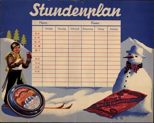 Stundenplan Reklame Kaiser's Brust Caramellen, Blechdose, Schneemann, Ski um 1930