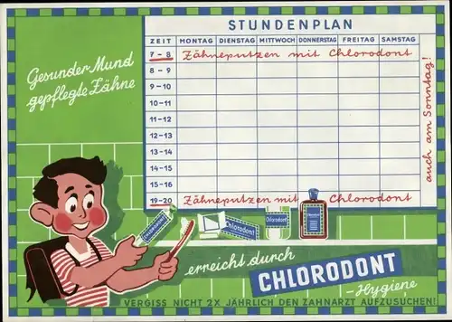 Stundenplan Chlorodont Hygiene, Gesunder Mund, Gepflegte Zähne, Zahnpasta, Mundwasser um 1960