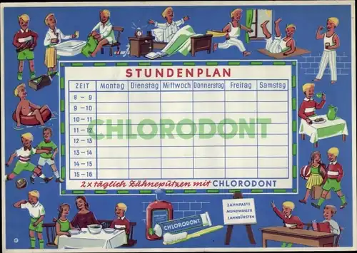 Stundenplan Reklame Chlorodont, Zahnpflege, Kinder, Zahnpasta um 1960