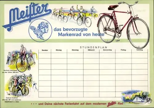 Stundenplan Reklame Meister-Fahrrad-Werke, Erhard Doppelt Bielefeld, Markenrad um 1950