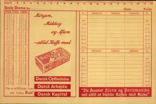 Stundenplan, Dansk Skole Skema, Reklame Rich`s Kaffee, Dänemark, Wappen um 1950