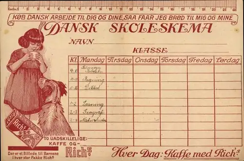 Stundenplan, Dansk Skole Skema, Reklame, Rich`s Kaffee, Dänemark, Sportübungen um 1930