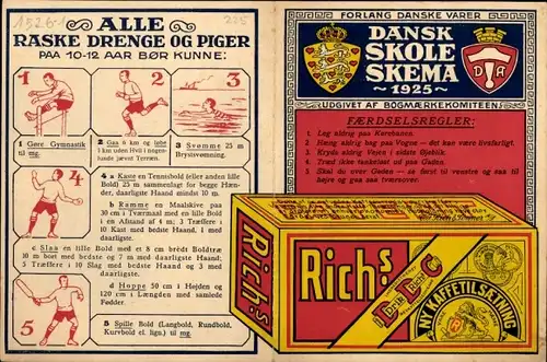 Stundenplan, Dansk Skole Skema, Reklame, Rich`s Kaffee, Dänemark, Sportübungen um 1930