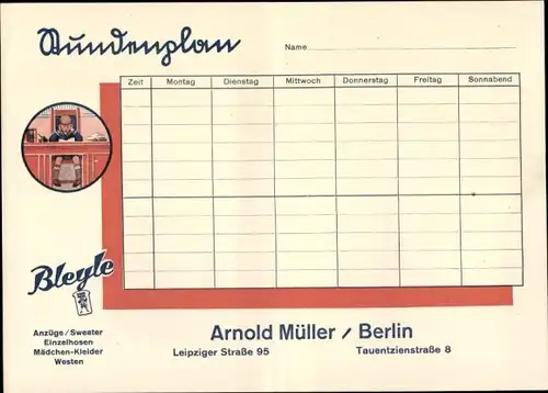 Stundenplan Reklame Bleyle Kindermode, Knabenanzüge, Arnold Müller Leipziger Straße Berlin um 1930