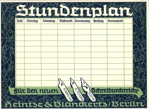 Stundenplan Heintze & Blanckerts Schreibfedern, Berlin, Für den neuen Schreibunterricht um 1930