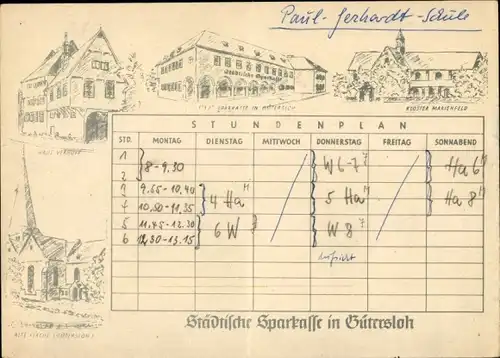 Stundenplan Städtische Sparkasse Gütersloh, Zeichnung Kirche, Kloster, Sparkasse um1970