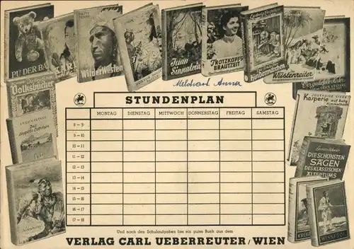 Stundenplan Verlag Carl Ueberreuter, Wien, Karl-May Bücherei, Jugendbücher, Märchen und Sagen